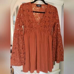 Cider Rust Orange Lace Bell Sleeve V-Neck Babydoll Dress